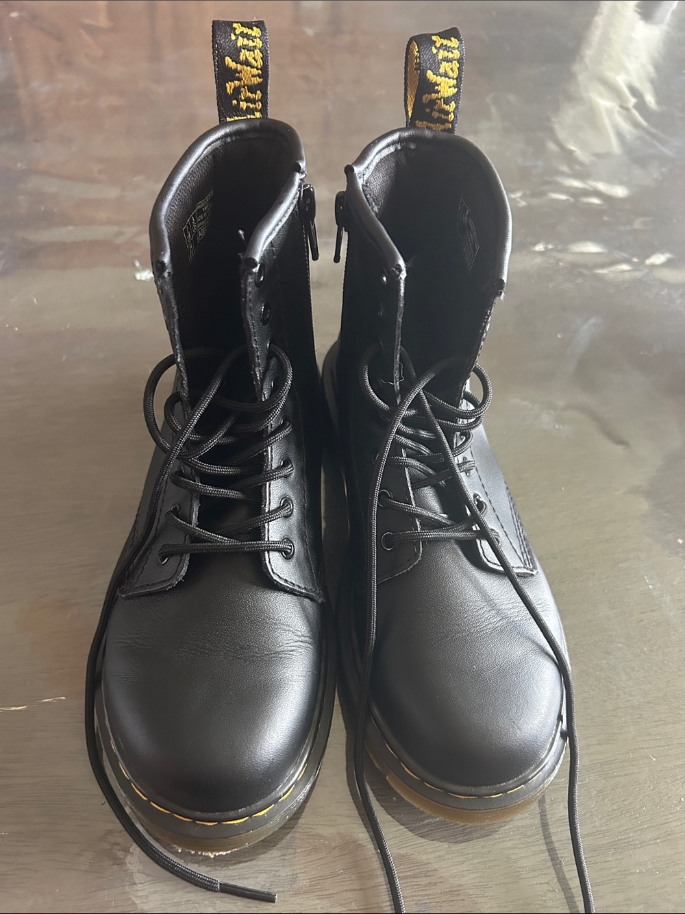 Dr. Martens Black Leather Lace-Up Boots with Yellow Stitching
